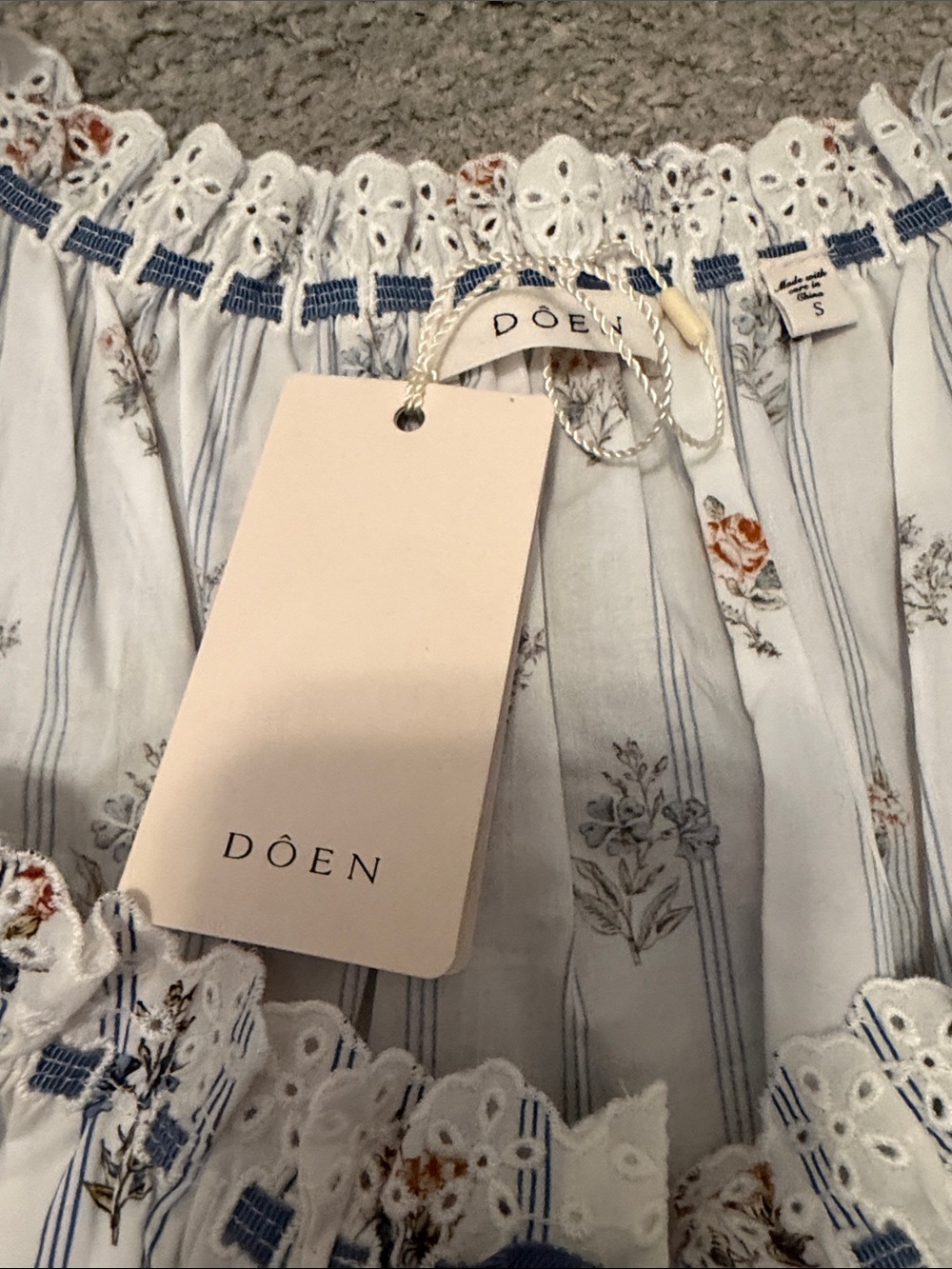 Doen Nera White Floral Peasant Blouse with Blue Stripes - Picture 2 of 7